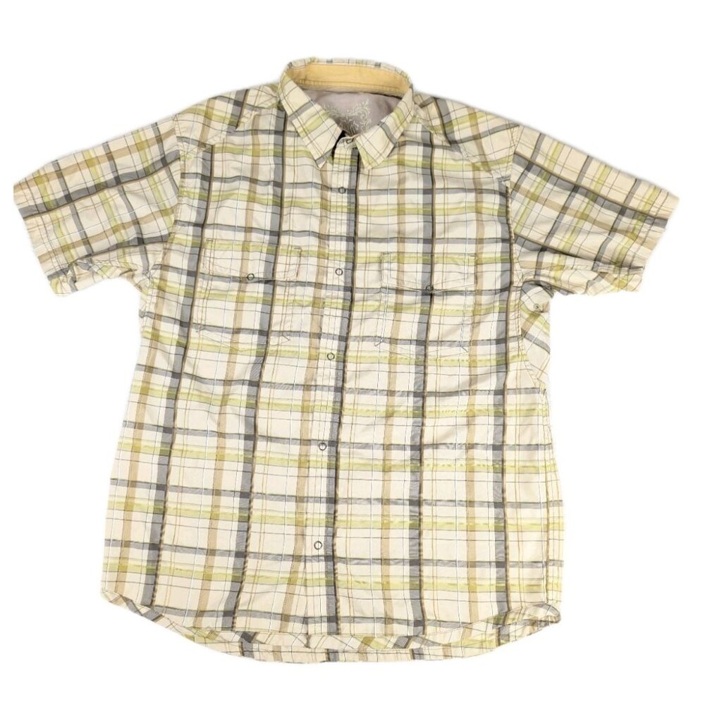 Prana Shirt Mens Large Plaid Short Sleeve Snap Button Down Up Cotton?